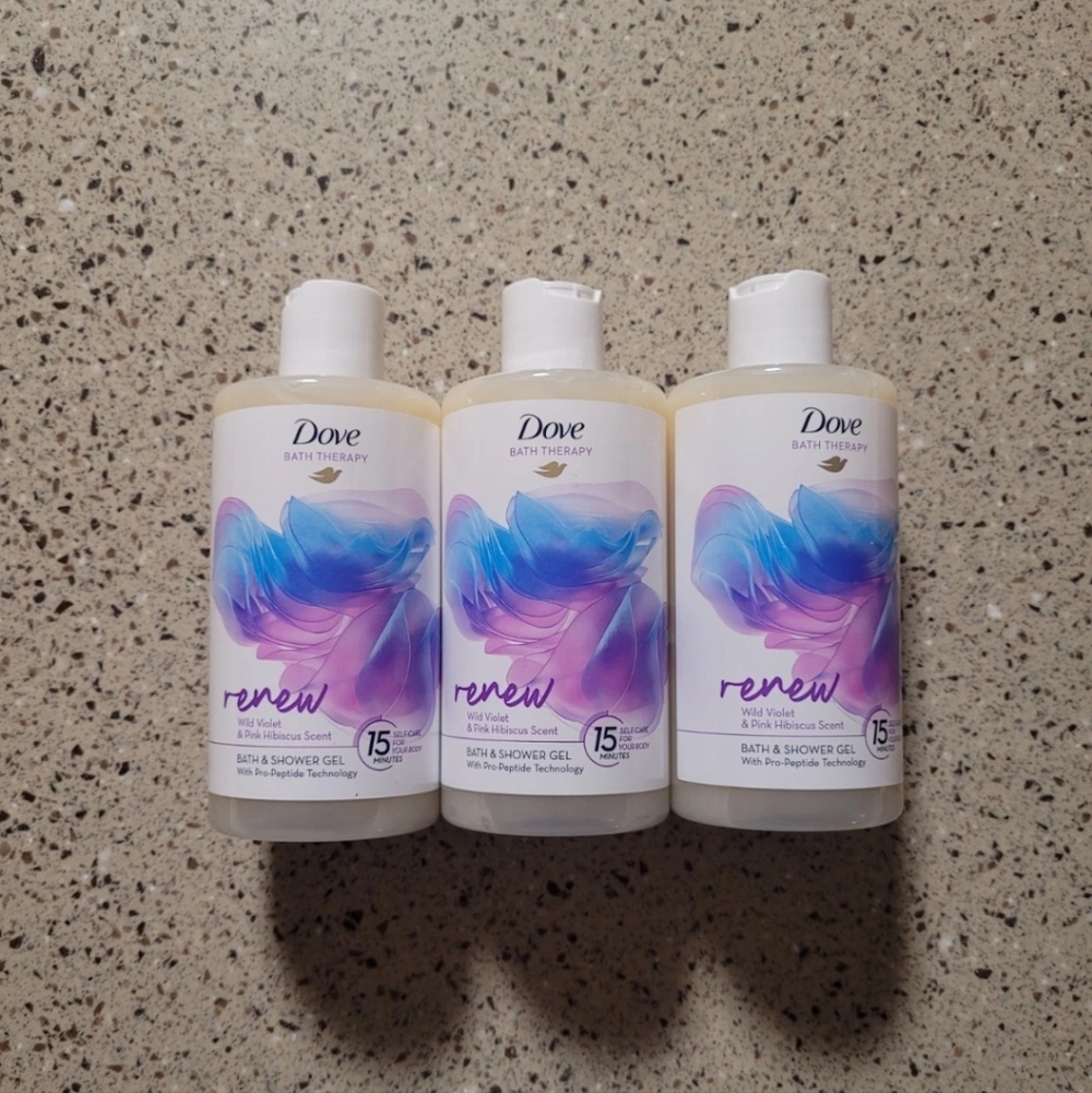 3 Dove Bath Therapy Renew Bath & Shower Gel Wild Violet & Pink Hibiscus 400ml Ea